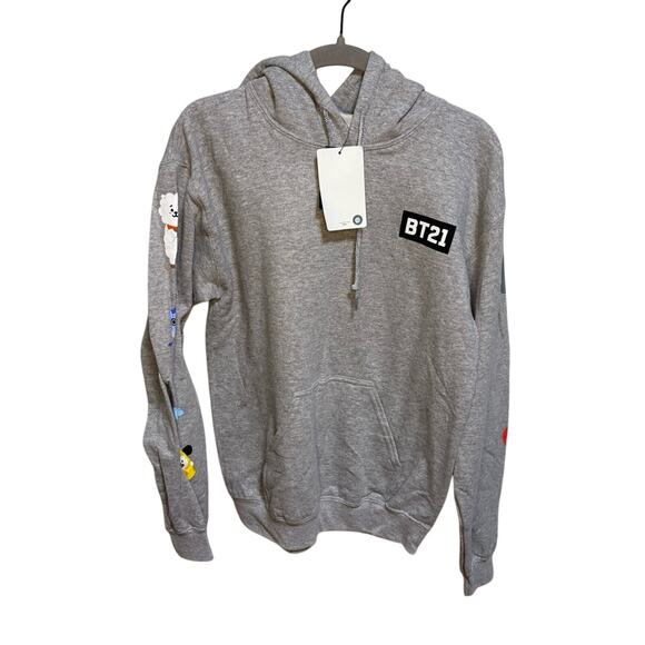 NWT BT21 Light Grey Character Sleeve Hoodie Medium Hot Topic Streetwear Kpop BTS - Picture 1 of 9